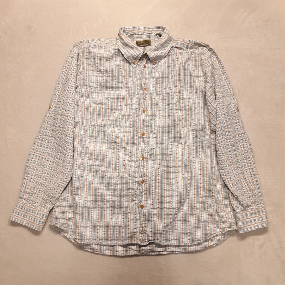 J.L Powell Mens LS Live In Textured Button Shirt XL Blue/Orange Plaid Roll Tab